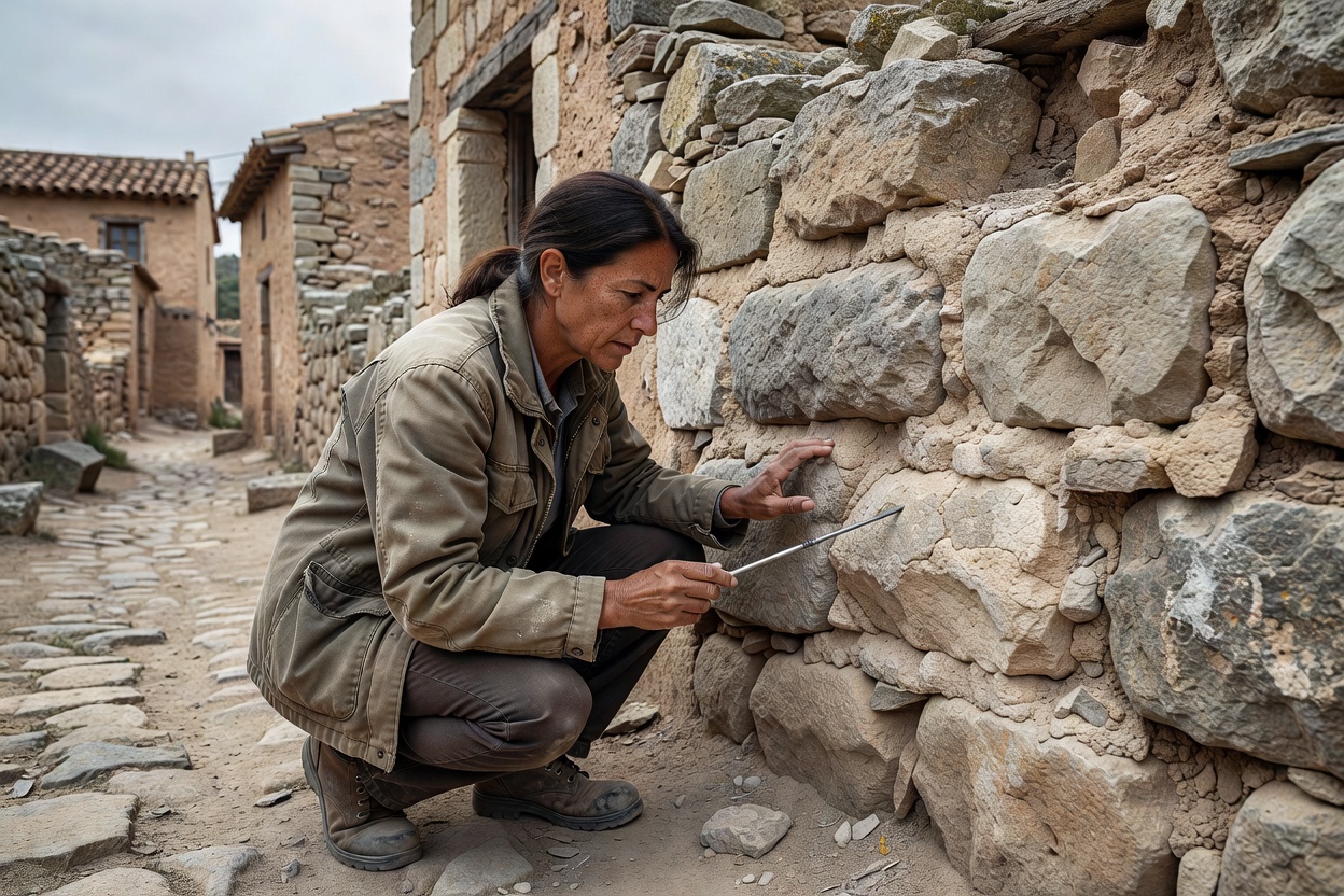Field conservator inspecting historical lime mortar joinery on an ancient village wall