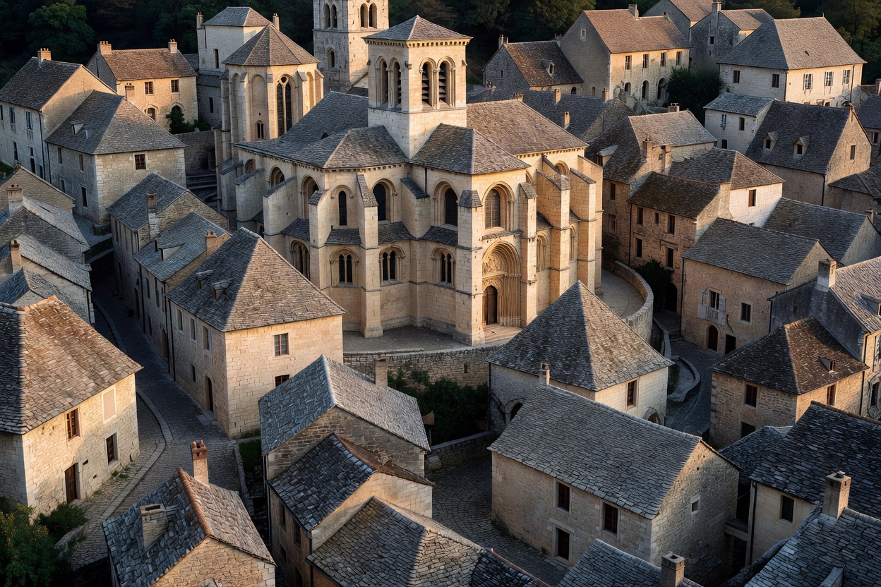 Grey schist roofs and Romanesque Abbey Church of Sainte-Foy in the medieval village of Conques France