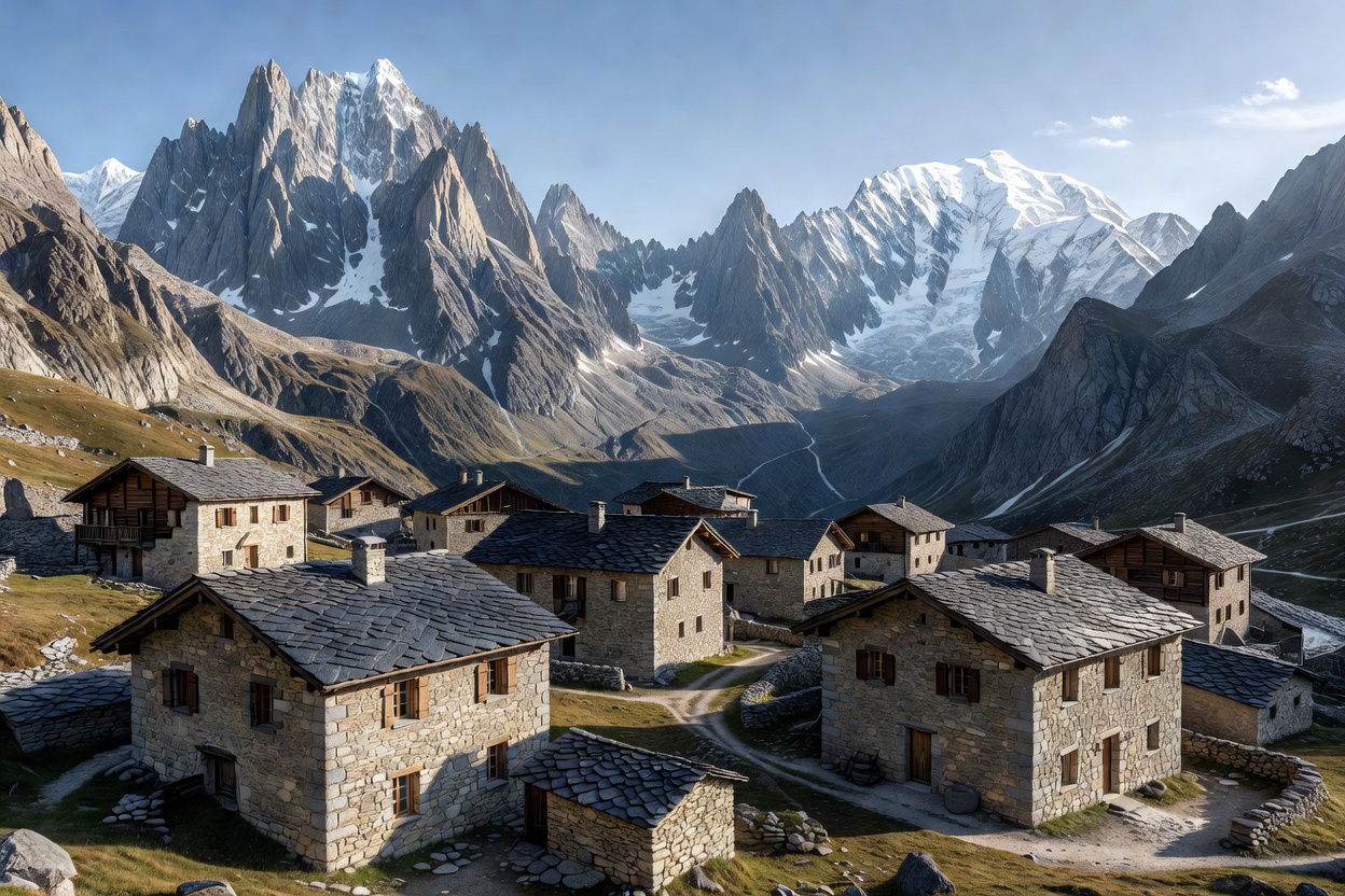 Traditional stone and slate chalets of Val Ferret surrounded by massive Mont Blanc peaks in Italy