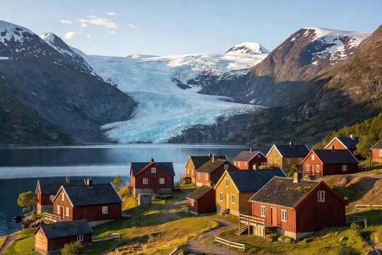 Wooden houses and glacier backdrop in Fjaerland along the scenic Sognefjord in Western Norway