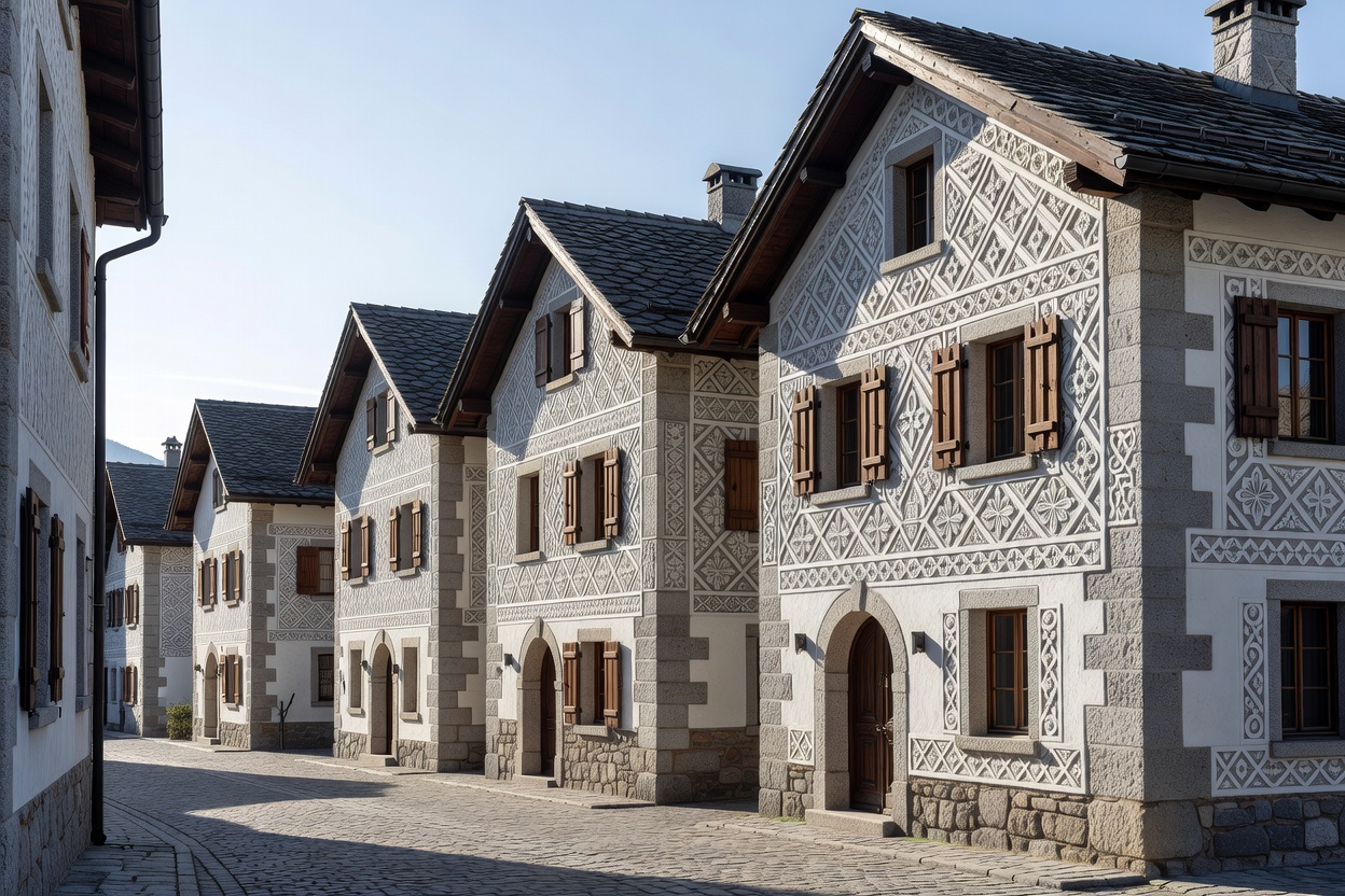 Pristine Engadin stone houses in Guarda Switzerland adorned with traditional geometric sgraffito plaster carvings