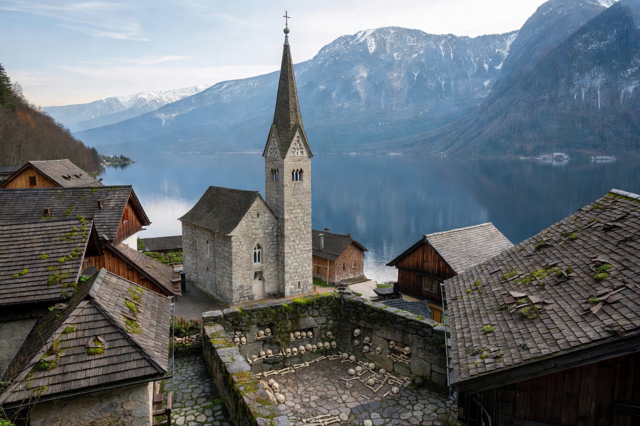 Tiered church tower and historic wood shingle alpine roofs in Hallstatt above Austrian lake