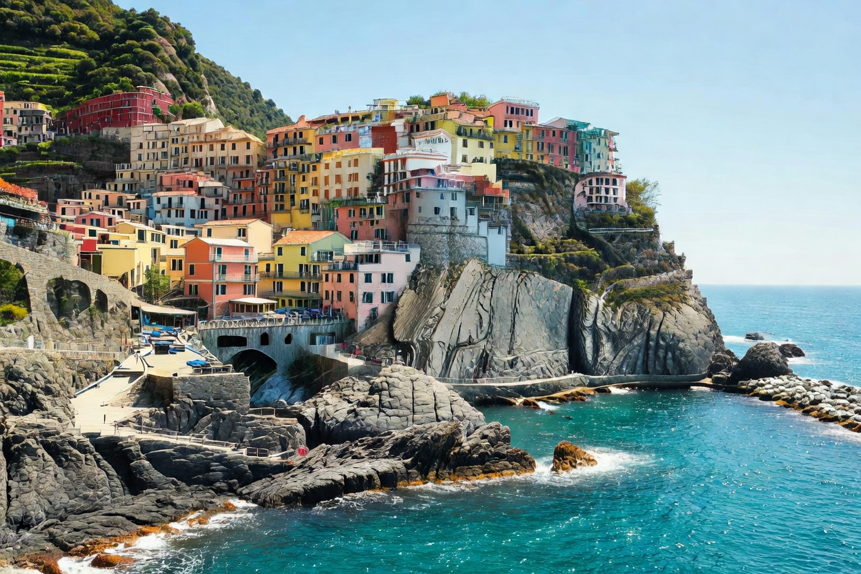 Brightly painted historic tower houses stacked on a jagged rock cliff in Manarola Italy above turquoise waters