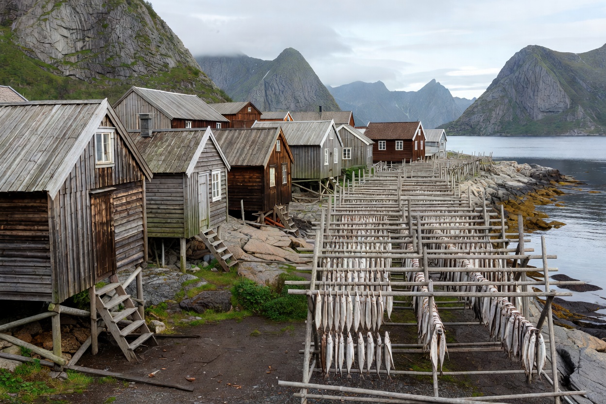 Preserved historic timber buildings and cod drying racks of Nusfjord fishing village in Lofoten Norway