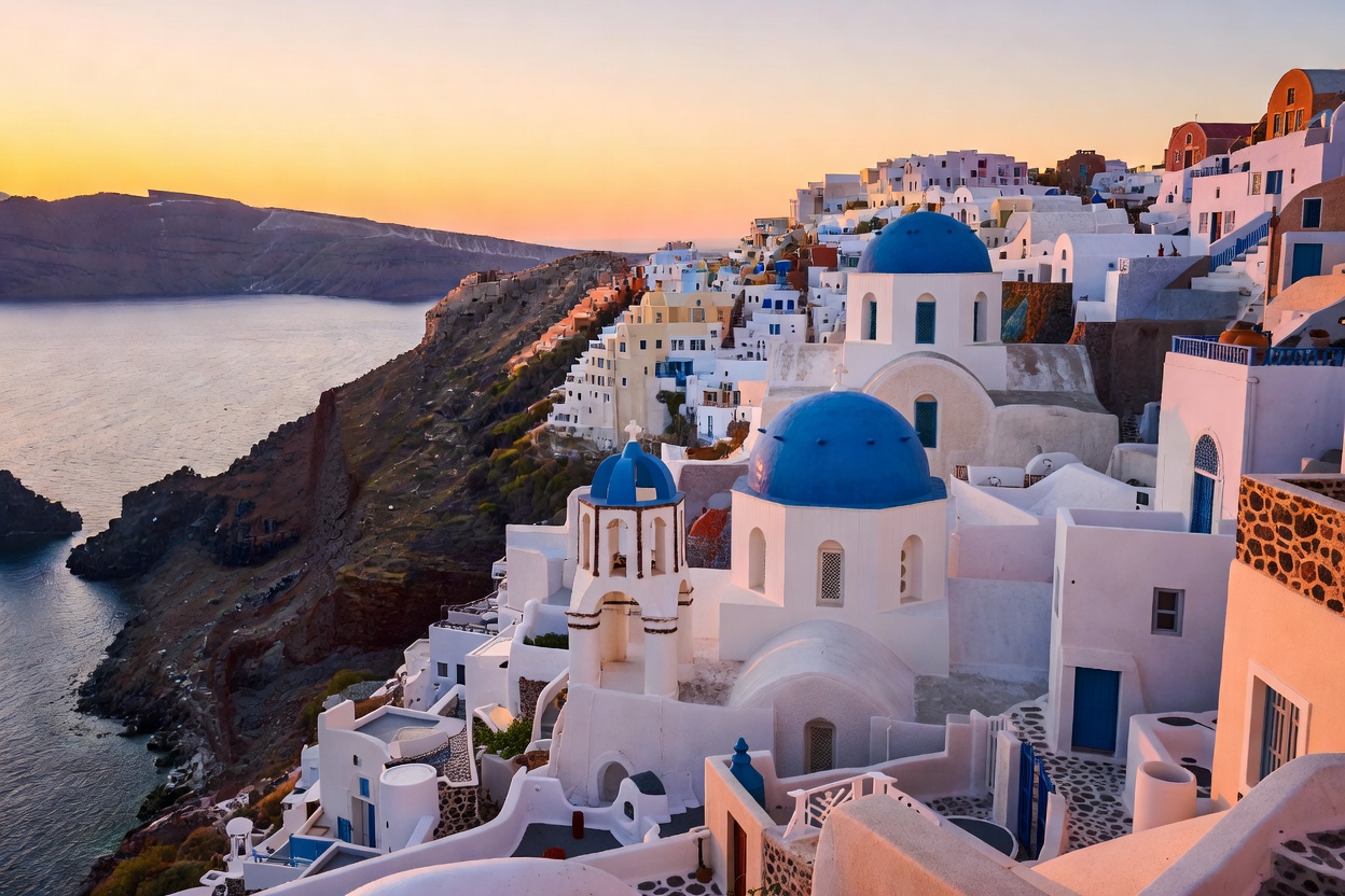 Traditional white washed cubic cave houses and blue church domes of Oia Santorini on the caldera edge