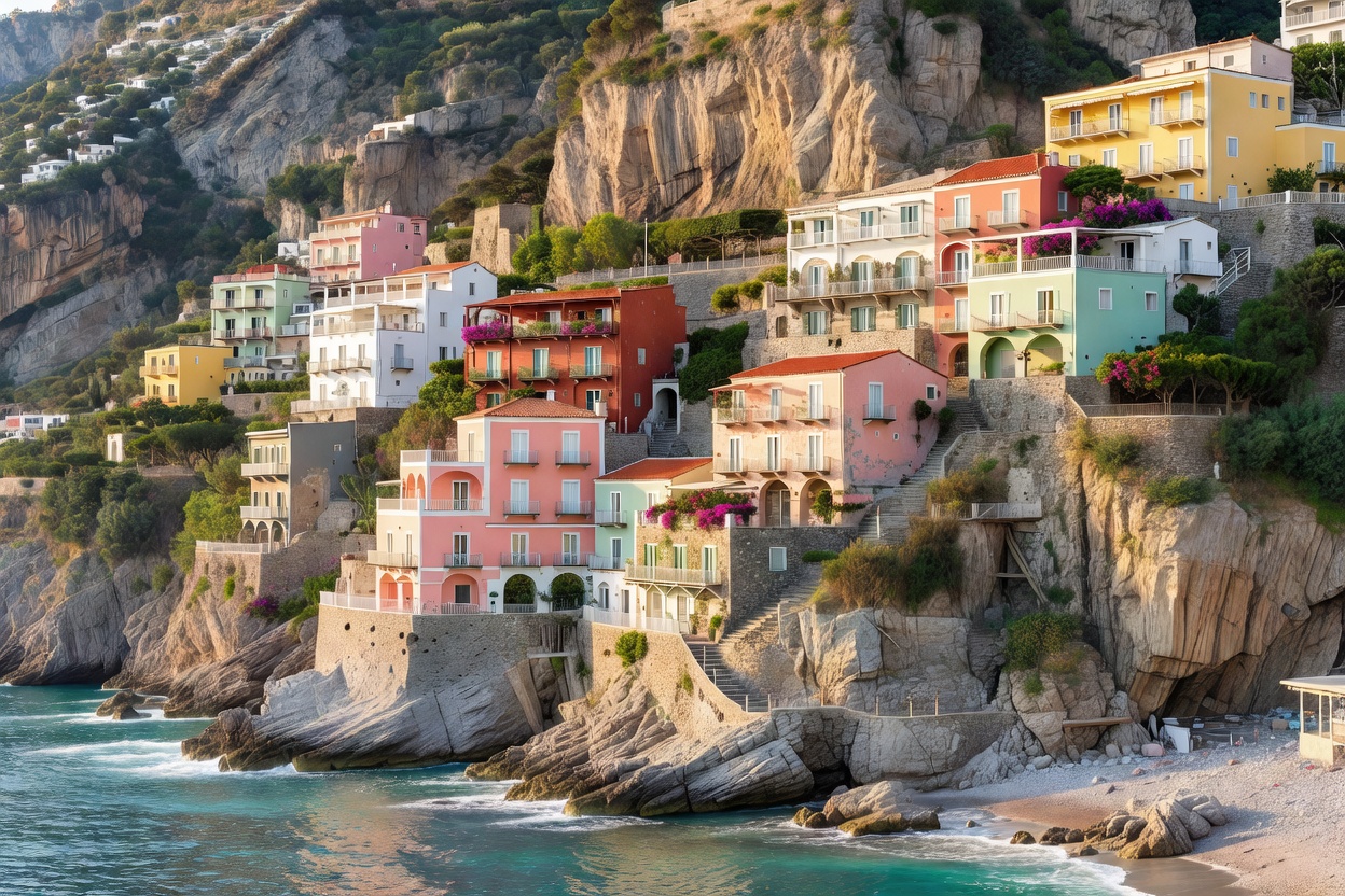 Vertical tiers of pastel villas clinging to the limestone cliffs of Positano on the Amalfi Coast