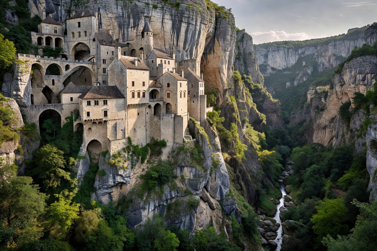 Vertical medieval buildings of Rocamadour built into the sheer limestone cliff face above the Alzou canyon