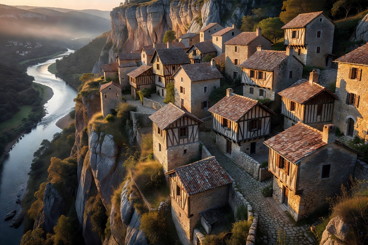 Medieval timbered stone cottages of Saint-Cirq-Lapopie clinging to a high limestone cliff above the river Lot