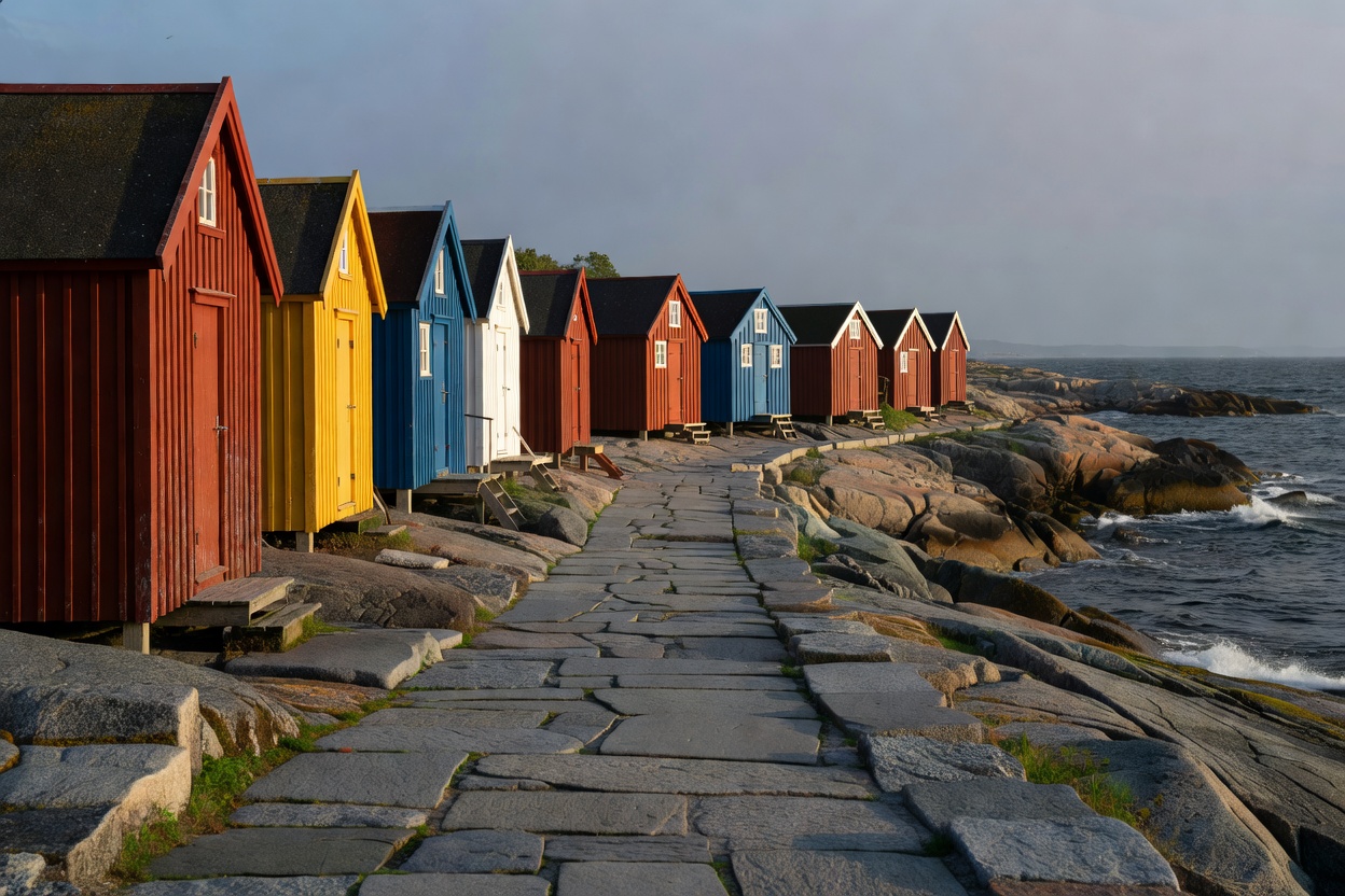 Colourful wooden fishing boathouses lining the granite coastal boardwalk in Smögen Sweden